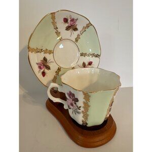 Royal Grafton Fine Bone China Roses Mint Green Tea Cup & Saucer Set - Floral & G